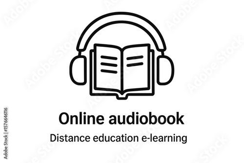 Online Audiobook Icon with Headphones, Open Book, Distance Learning, E-Learning, Podcast, Webinar, Tutorial, Digital Education, Vector Illustration, Transparent Background