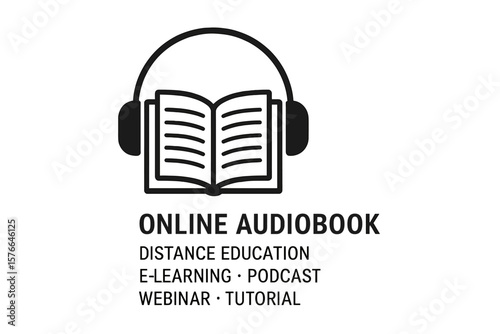 Online Audiobook Icon with Headphones, Open Book, Distance Learning, E-Learning, Podcast, Webinar, Tutorial, Education Audio Symbol, Black and White Vector Illustration