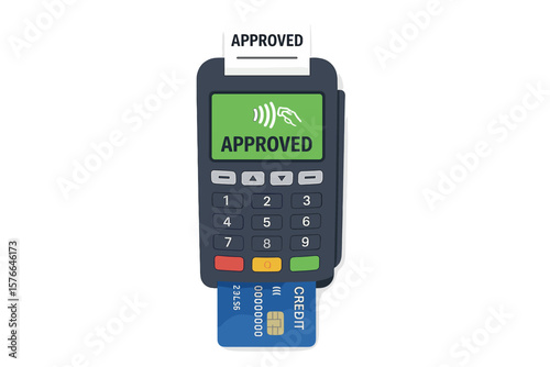 POS terminal payment approved. Credit card inserted. NFC contactless transaction. Payment machine with keypad, printed receipt, chip card, secure purchase, digital finance concept