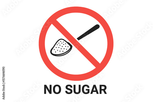 No Sugar Sign, Red Prohibition Symbol with Crossed Out Spoon and Sugar, Sugar-Free, Stop Sugar, Healthy Diet, Diabetes Prevention, Weight Loss, No Sweets, Harmful Food Concept