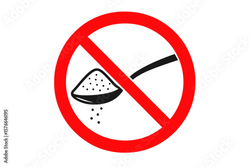 No Sugar Prohibition Sign. Red Warning Symbol with Crossed Out Spoon and Sugar Granules. Sugar-Free Icon. Say No to Sugar for Health, Weight Loss, Diabetes Prevention, Healthy Lifestyle Concept