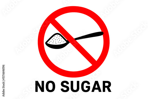No Sugar Symbol. Red Prohibitory Sign with Crossed Out Spoon and Sugar. Sugar-Free Diet Concept. Stop Sugar for Health, Weight Loss, Diabetes Prevention. Refuse Sweets, Healthy Lifestyle.
