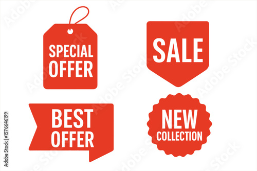 Red Sale Tags Collection. Special Offer, Best Offer, Sale, New Collection. Modern Promotional Badges. Shopping Discount Stickers, Price Labels, Shop Product Tags, Retail Marketing Set