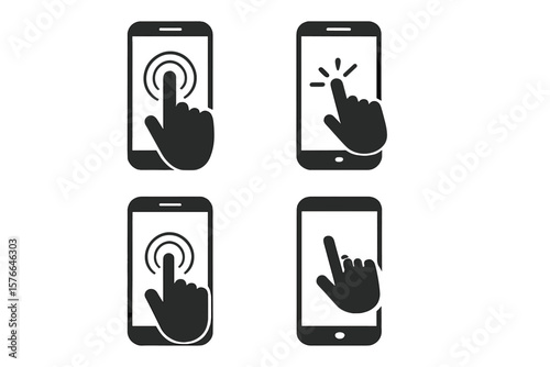 Set of 4 smartphone touch screen icons. Hand clicking, tapping, touching mobile phone screen. Cell phone with finger gesture, click cursor, touchscreen interaction, user interface