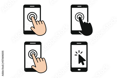 Smartphone touch screen icon set. Hand tapping mobile device, click gesture, touchscreen interaction, finger press, cell phone cursor, user interface, digital communication concept