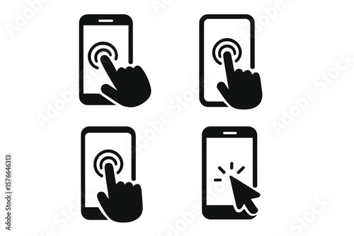 Smartphone touch screen icon set. Hand clicking, tapping, touch gesture on mobile device. Cell phone interface interaction. Click cursor, finger press, touchscreen action vector illustration