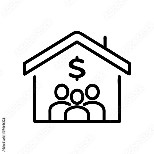 Simple Outline House with People and Dollar Sign Finance Icon