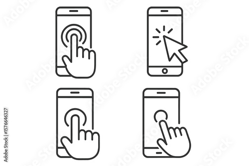 Smartphone touch screen interaction icons set. Hand tapping, clicking, cursor pointer, mobile device user interface gestures. Vector outline symbols for app UI, UX, touchscreen actions