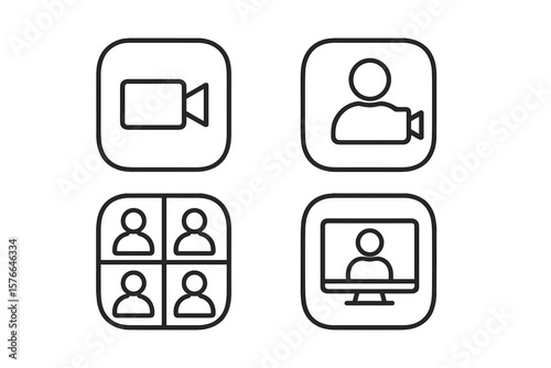 Set of 4 video call icons. Online video conference, group chat, internet meeting, virtual communication, web app UI button, remote work, digital talk, technology symbol