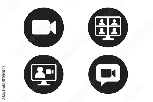 Set of 4 video call icons. Online video conference symbols. Virtual meeting, internet chat, web call, remote communication, digital talk, user interface button vector collection