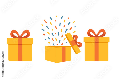 Surprise yellow gift boxes in flat design with opened gift box and colorful confetti, present boxes, birthday celebration, festive party, gift giving, holiday