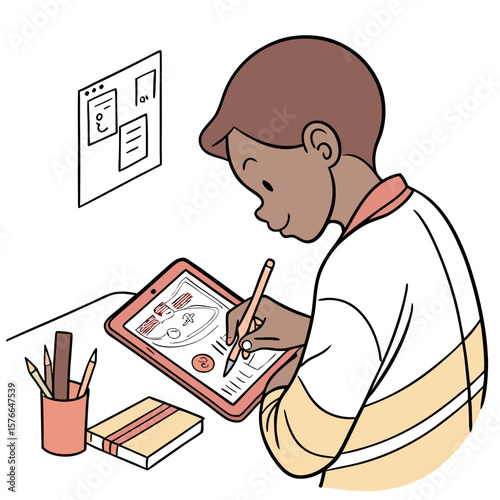 Boy drawing on a tablet with a stylus next to a pencil cup and a book with a whiteboard behind him