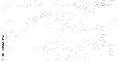 Displaying faint gray algebraic equations covering whiteboard, with polynomial and radical notation