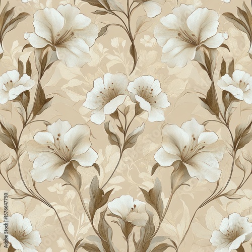 seamless floral pattern with large delicate cream lilies and leaves on a beige background creating an elegant vintage botanical look