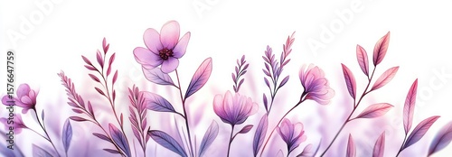 Delicate translucent purple and pink flowers and leaves on slender stems against a bright white background evoking calmness and gentle beauty