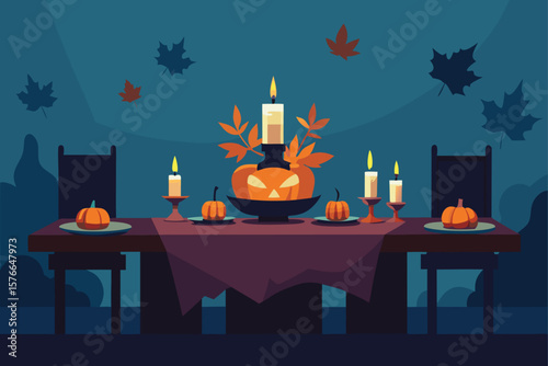  halloween party table decorated with dried leaves.eps