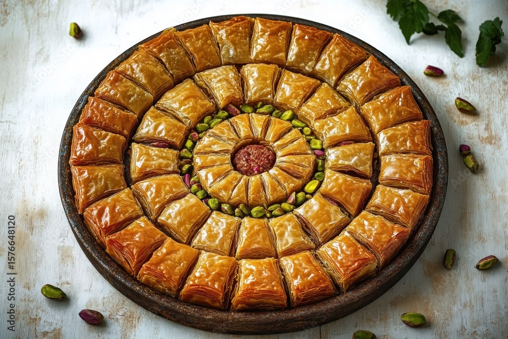 Tray of fresh golden brown baklava pastries arranged in concentric circles with pistachios on a rustic white wooden surface conveying warmth and deliciousness Tray of fresh golden brown baklava pastries arranged in concentric circles with pistachios on a rustic white wooden surface conveying warmth and deliciousness