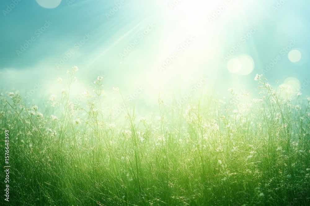 Fototapeta premium Bright sunlight shining over a green meadow with delicate white wildflowers and tall grass on a clear day