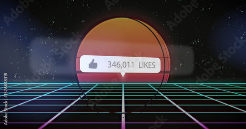 Floating speech-bubble displaying 346,011 LIKES over neon grid, showing orange sun and starry sky