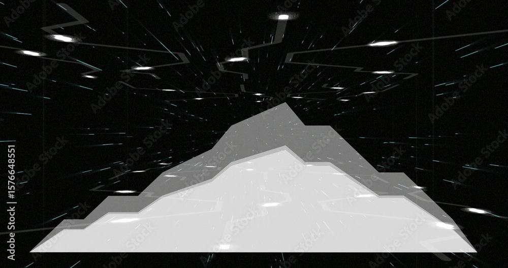Naklejka premium Displaying layered mountain silhouette flowing through data tunnel, with streaming lights and stars