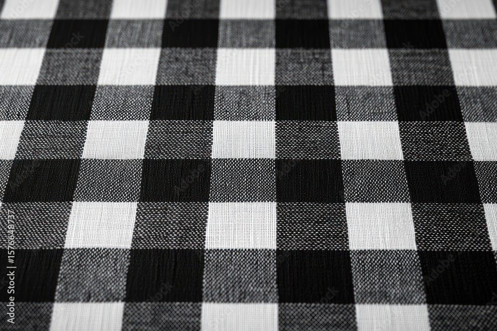 Fototapeta premium Close-up of a textured black and white checkered fabric pattern with interwoven threads creating a grid design