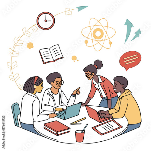 Diverse group of students collaborating around a table with laptops books and educational symbols representing learning and teamwork in a modern classroom setting