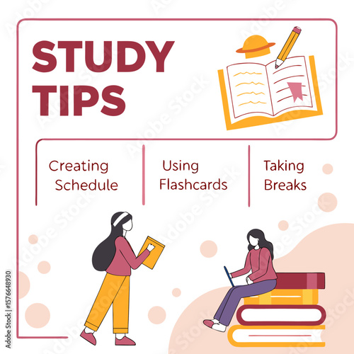 Study tips for students creating a schedule using flashcards and taking breaks to improve learning and productivity