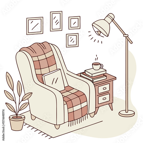 Cozy armchair with a plaid blanket and cushion illuminated by a floor lamp next to a side table with books and a steaming cup of coffee