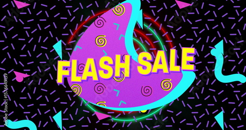 Displaying central purple shape outlined in cyan on retro graphic, featuring bold yellow FLASH SALE