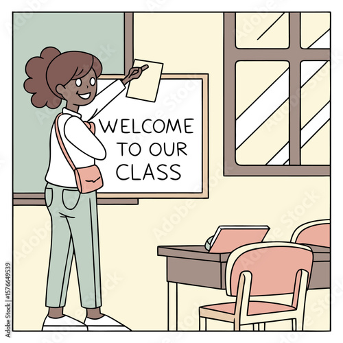 Illustration of a teacher welcoming students to class with a whiteboard and classroom furniture shown too