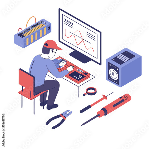 Isometric view of a technician at a desk with computer monitor and tools performing diagnostics work flow