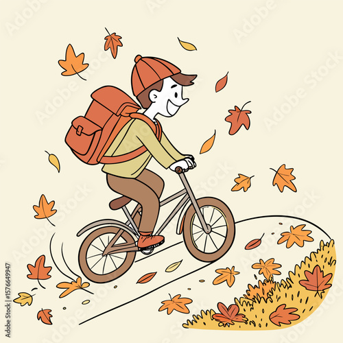 Illustration of a delivery boy riding a bicycle with a backpack through falling autumn leaves on a path