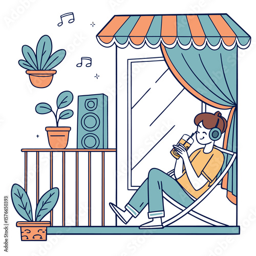 Illustration of a person relaxing on a balcony with plants, music, and a drink in a cozy setting