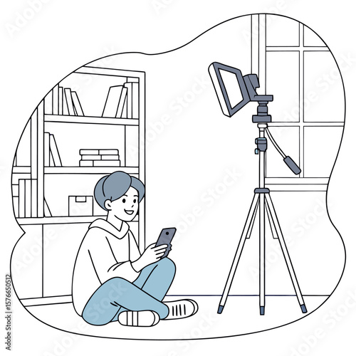 A person sitting cross legged with a phone next to a bookshelf and a ring light on a tripod indoors