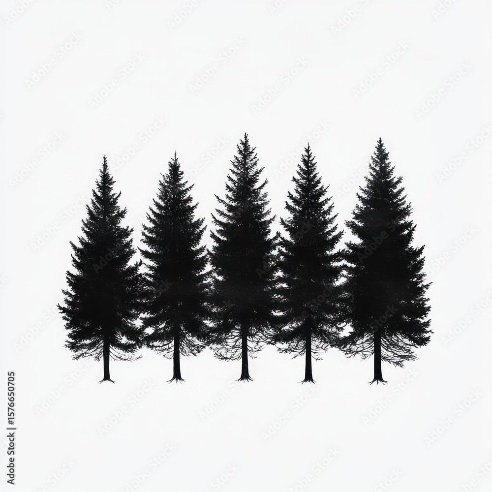 Obraz premium Five tall evergreen pine trees standing closely together against a plain white background creating a serene and minimalistic natural scene