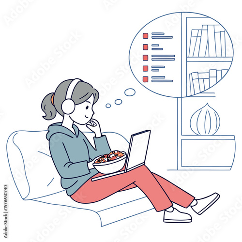 Woman on couch with laptop and food thinking about tasks and books on a shelf in a thought bubble