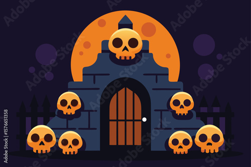  skull pile at haunted house gate with glowing jac (1).eps