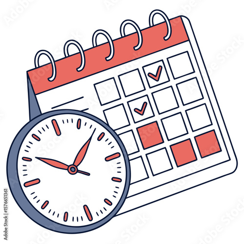 A stylized illustration of a spiral bound calendar with marked dates and a clock face indicating the passage of time representing scheduling and deadlines