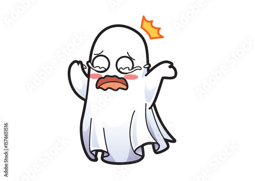 Sad ghost character with a frown and teary eyes showing disappointment while raising its hands in a humorous yet relatable manner. halloween theme