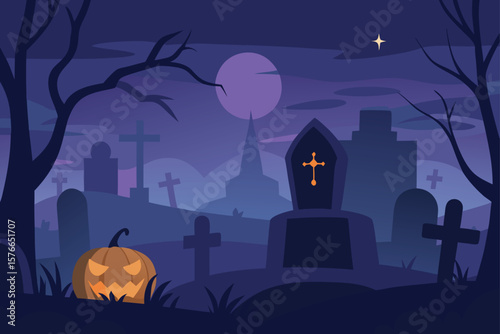  spooky graveyard at dusk with crooked tombstones .eps