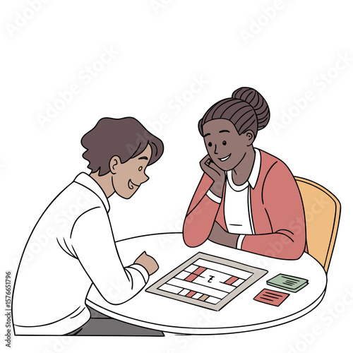 Two friends playing a board game on a round table with one leaning on their hand and smiling happily