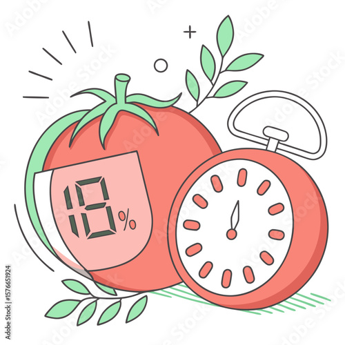 Illustration of a tomato with a digital screen displaying eighteen percent next to a stopwatch symbolizing time management and healthy eating habits