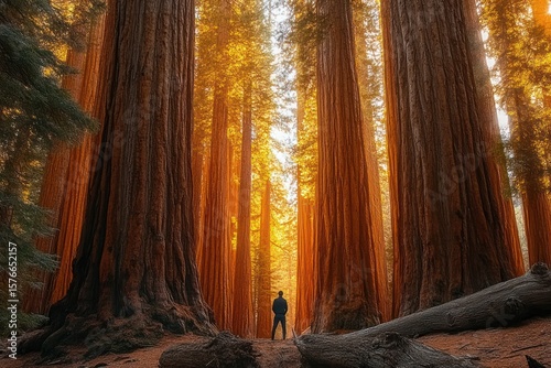 A lone person standing among towering giant sequoia trees bathed in warm golden sunlight in a dense forest