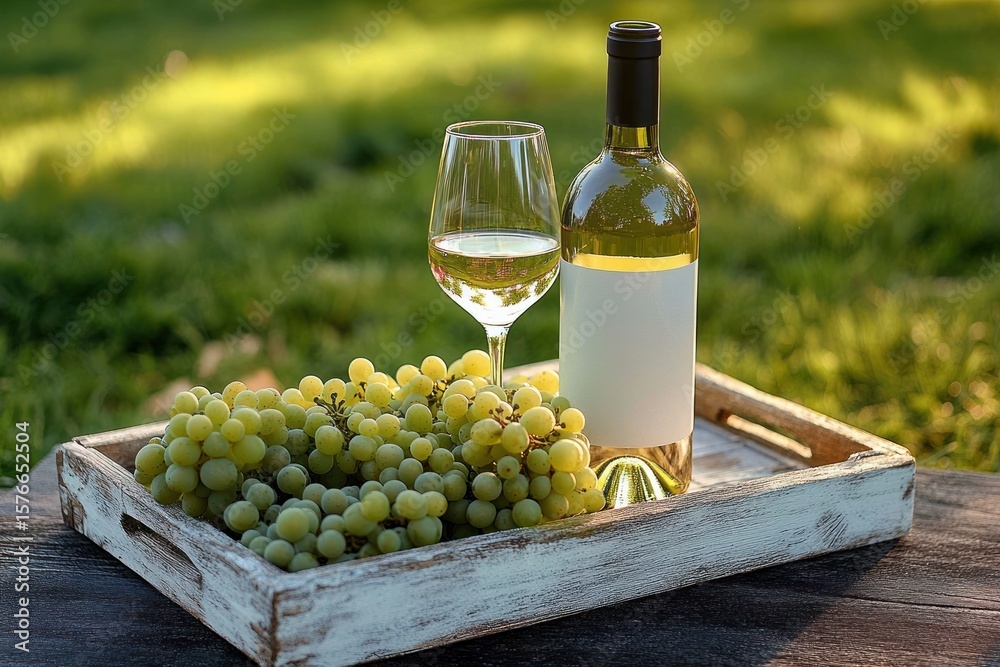 Fototapeta premium A wooden tray holding green grapes, a bottle of white wine, and a filled wine glass set on an outdoor wooden surface with a blurred green background
