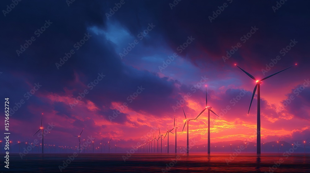 Obraz premium Wind Turbine Symphony: A vibrant array of wind turbines, silhouetted against a stunning sunset sky painted with fiery hues of red, orange, and hints of blue.