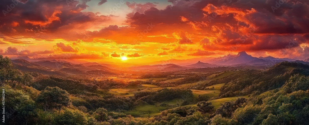 Obraz premium Vivid sunset over rolling green hills and distant mountains with dramatic orange and red clouds illuminating the vibrant landscape