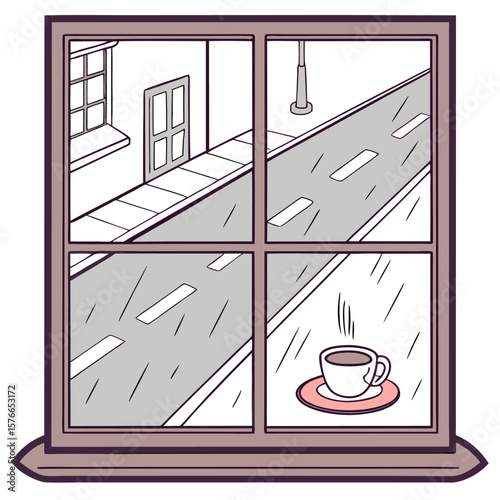 View through window of rainy street with building and street lamp and coffee cup on the window sill