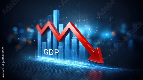 Trade impact of import tariffs concept. A digital graph illustrating a sharp decline in GDP with a red downward arrow over blue bar charts on a futuristic grid background.