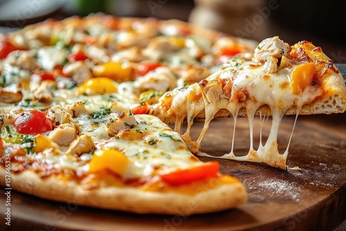 Close-up of a cheesy pizza slice being lifted from a wooden board topped with chicken, yellow and red bell peppers, tomatoes, and herbs