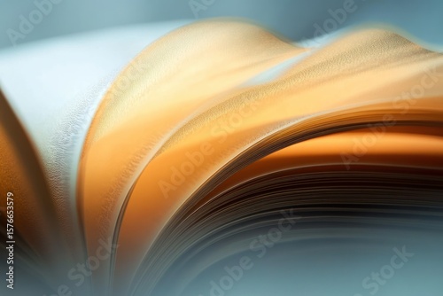 Close-up of gently curved open book pages with warm golden light highlighting paper texture against a soft blurred background